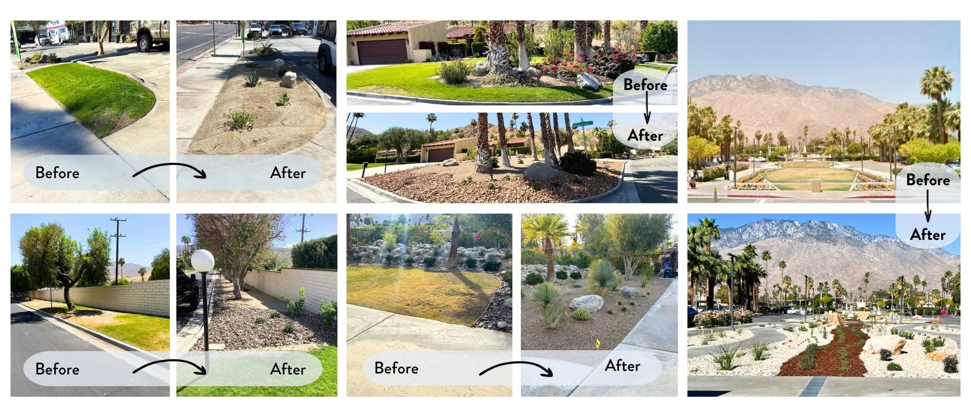 The image shows a series of landscaping transformations labeled "Before" and "After," showcasing improved gardens and yards.