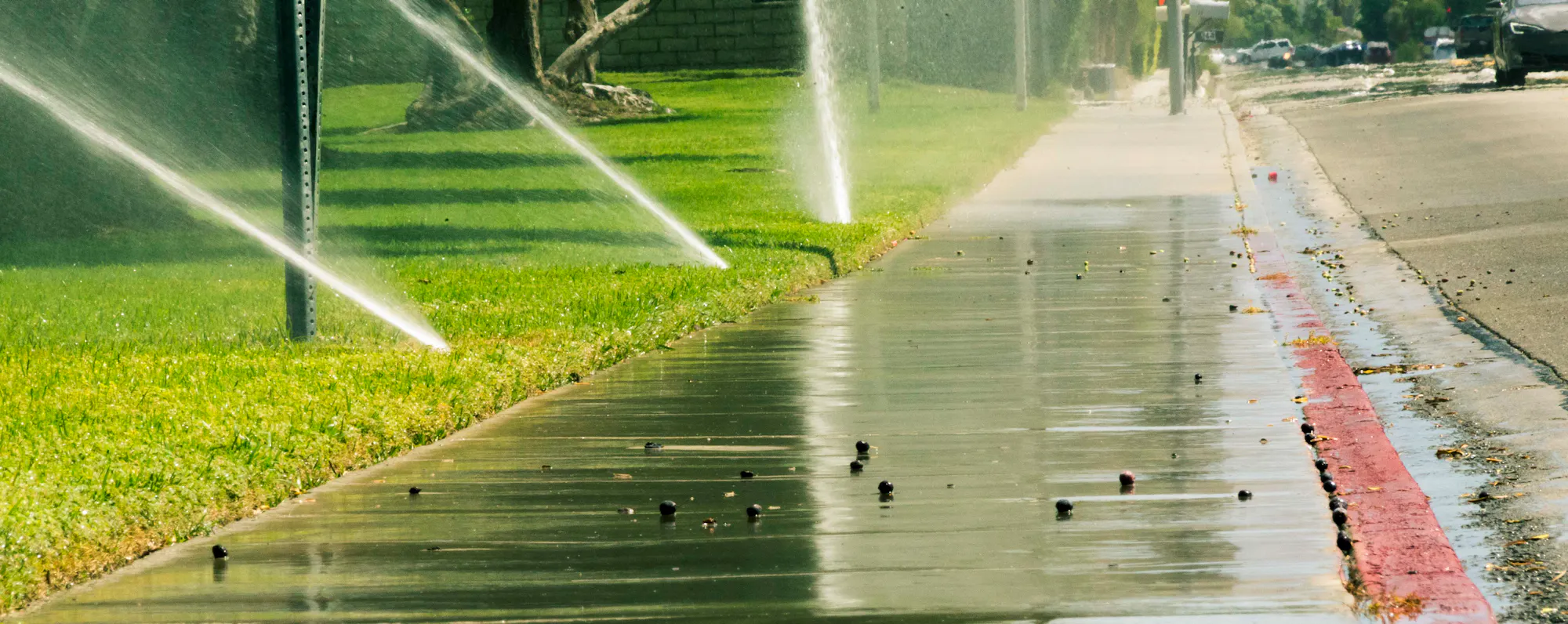 A sidewalk with water from sprinklers, reflecting light, along green grass and a red curb; some small dark objects scattered.