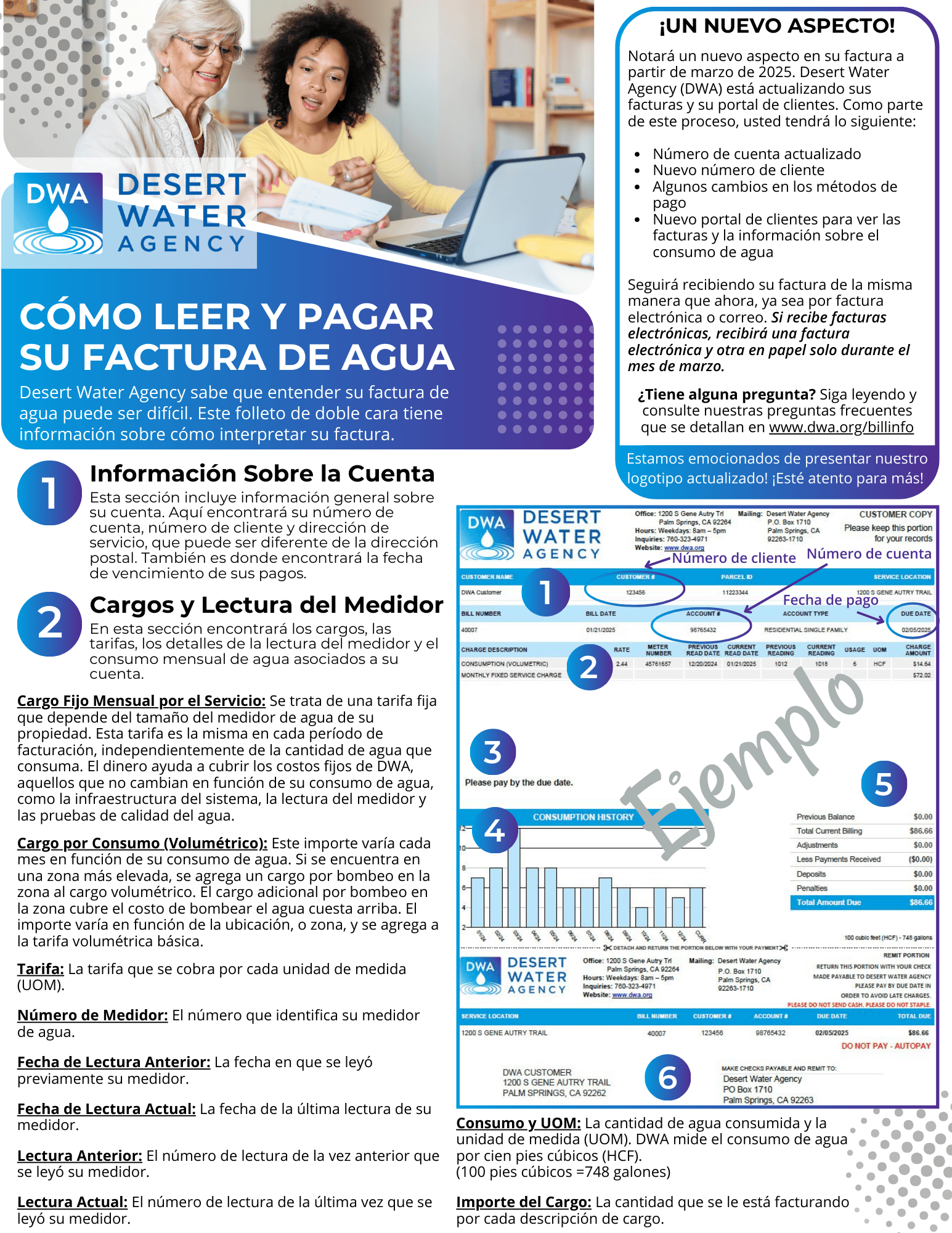 The image is a brochure from Desert Water Agency explaining how to read and pay your water bill, including account information and charges.