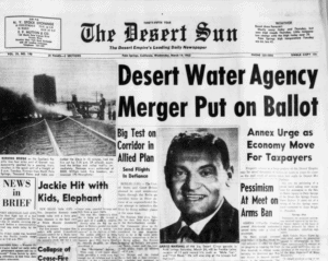 The image is a newspaper front page featuring headlines about a water agency merger, economic moves, and other news.