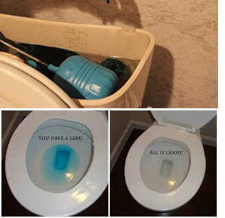The image shows a toilet tank with a blue device and two toilet bowls indicating a leak or no issue with text messages.
