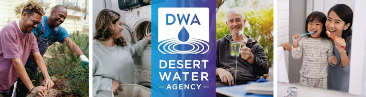 The image features diverse individuals engaging in daily activities, promoting the Desert Water Agency’s services.