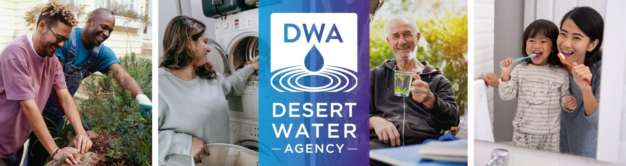 The image features diverse individuals engaging in daily activities, promoting the Desert Water Agency’s services.