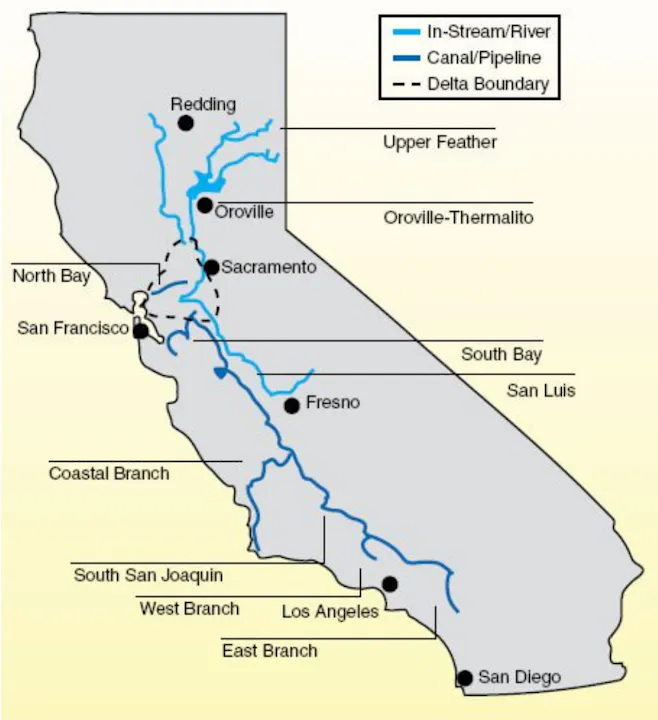 The image is a map of California displaying major rivers, canals, and pipelines, highlighting locations like Sacramento and San Diego.