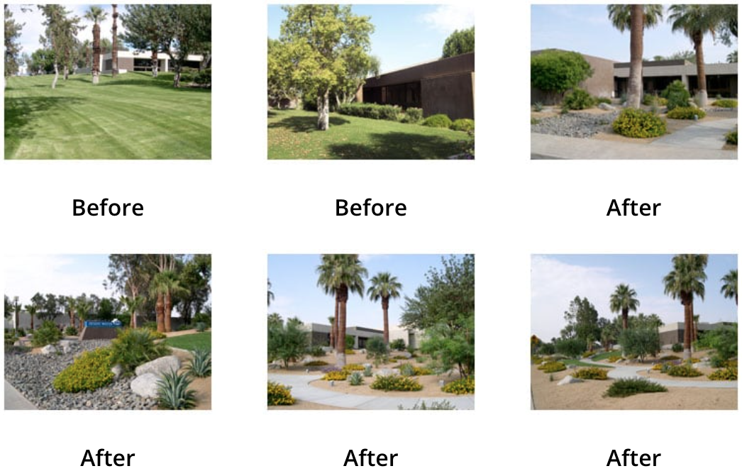 The image shows four "before and after" comparisons of landscaping improvements, highlighting enhanced greenery and design.