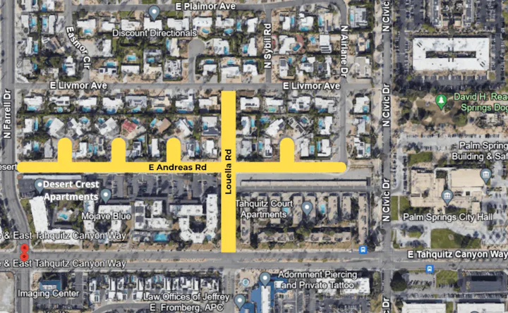 The image is a map showing streets and apartments in a residential area, with marked road names and nearby landmarks.