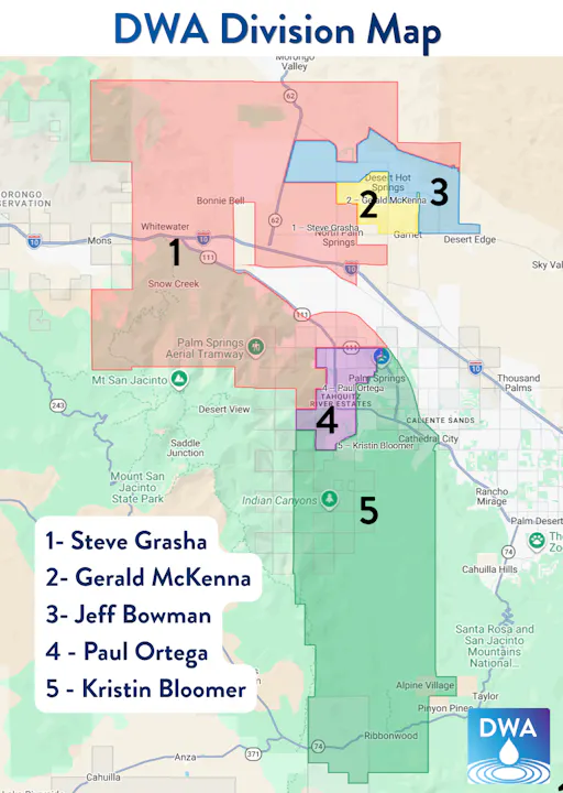 The image is a division map of the DWA, showing numbered areas and their corresponding representatives.