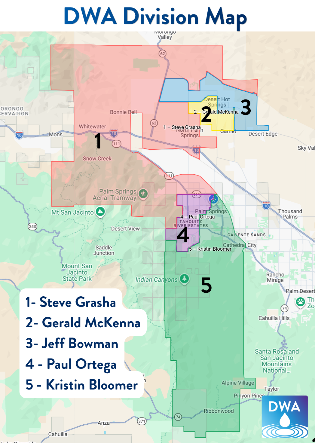 The image is a division map of the DWA, showing numbered areas and their corresponding representatives.