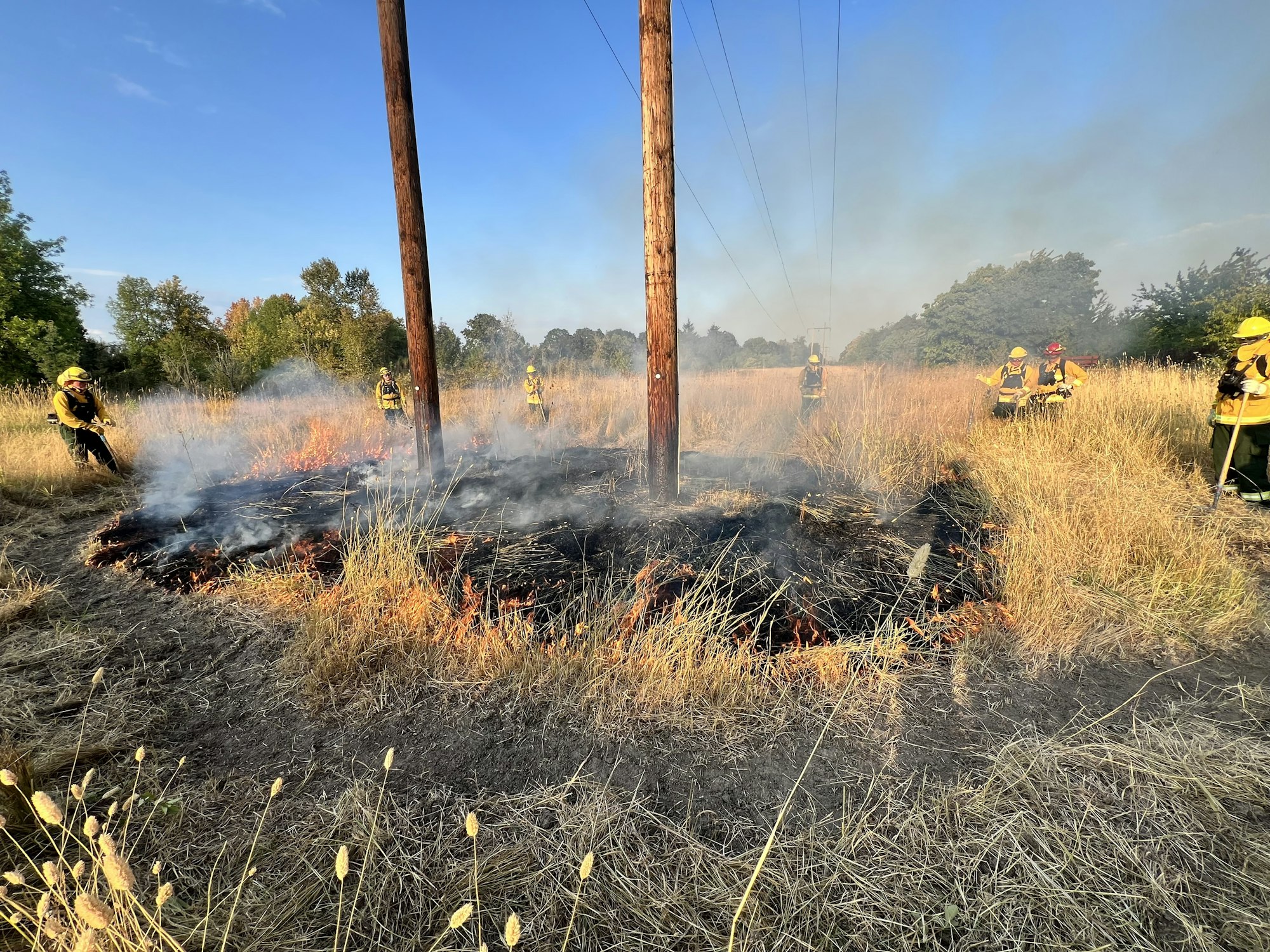 Firefighters are battling a small grass fire near utility poles in a grassy area, with smoke and flames visible.