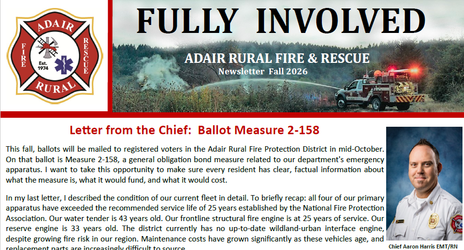 The image is a newsletter from Adair Rural Fire & Rescue discussing Ballot Measure 2-158 and the condition of their emergency apparatus.