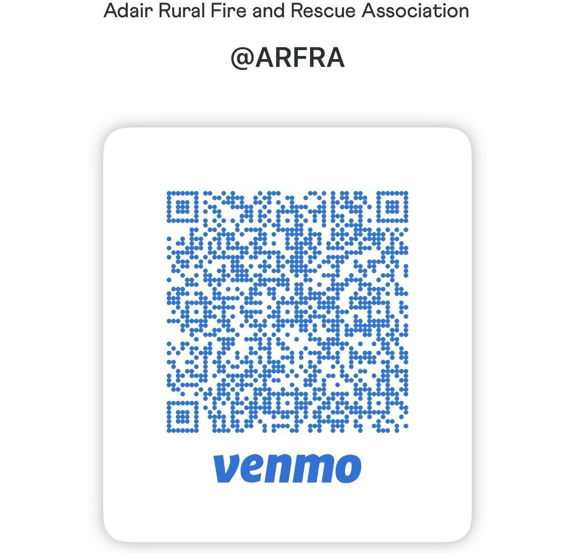 A QR code for Venmo donations to the Adair Rural Fire and Rescue Association, identified by @ARFRA.
