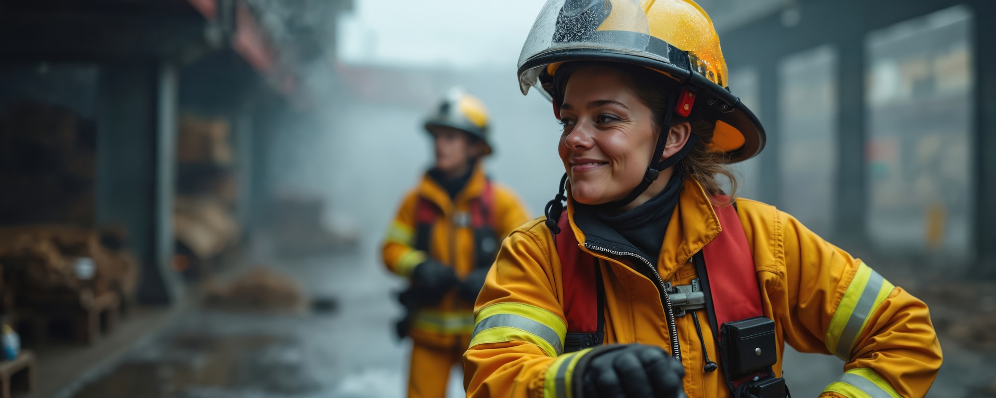 The image shows firefighters in yellow gear working in a smoky environment, conveying a sense of teamwork and resilience.
