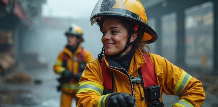 The image shows firefighters in protective gear, with one smiling while surrounded by smoke and a partially obscured environment.