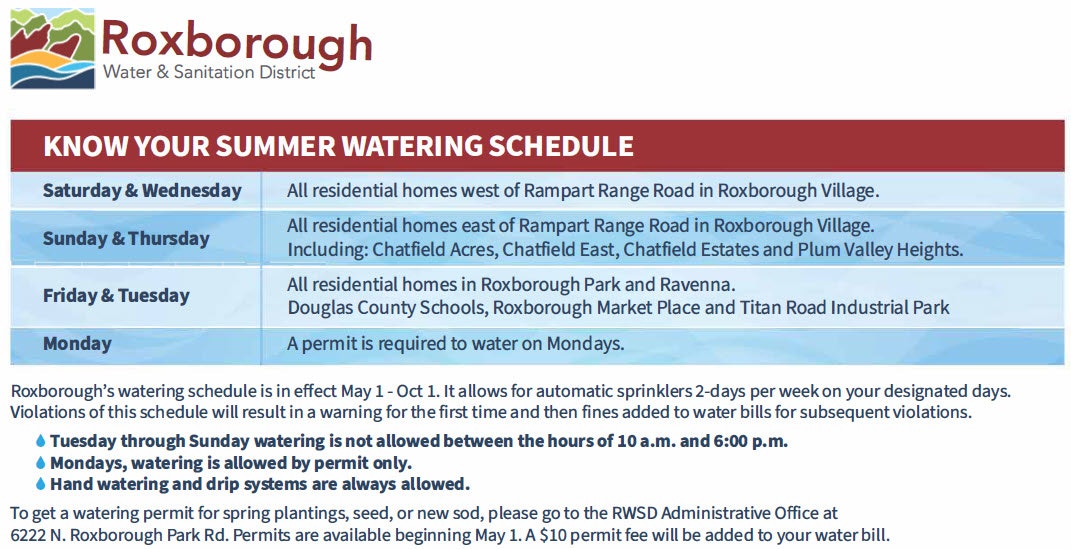 A graphic of Roxborough's summer watering schedule, outlining watering days and rules for different areas.