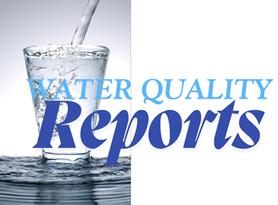 A glass of water being filled with text "Water Quality Reports" overlaid.