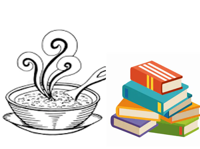The image shows a steaming bowl of soup next to a stack of colorful books.