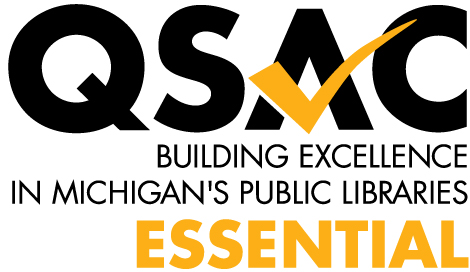 Text: "QSAC Building Excellence in Michigan's Public Libraries Essential" with a checkmark design.