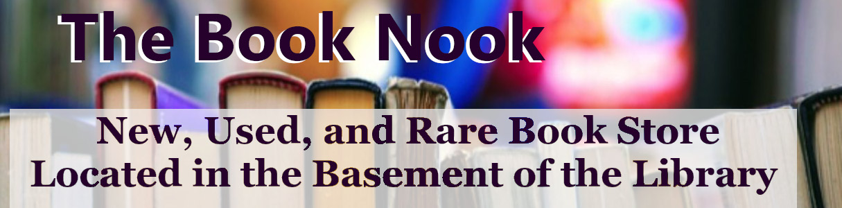 The image shows a sign for "The Book Nook," a book store in a library basement selling new, used, and rare books.