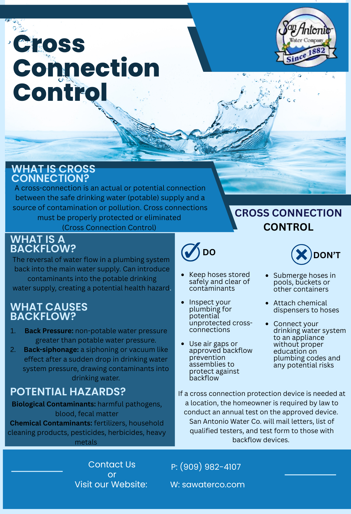 Flyer on cross connection control, explaining causes and prevention of backflow in plumbing, with do's, don'ts, and contact info.