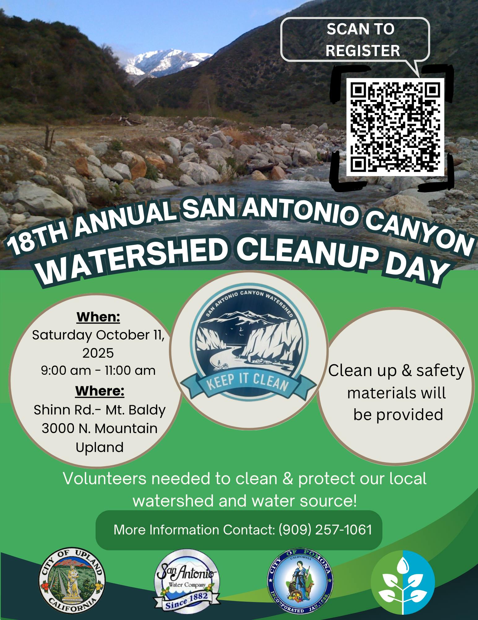 18th Annual San Antonio Canyon Watershed Cleanup Day on October 11, 2025. Volunteers needed. Scan to register.
