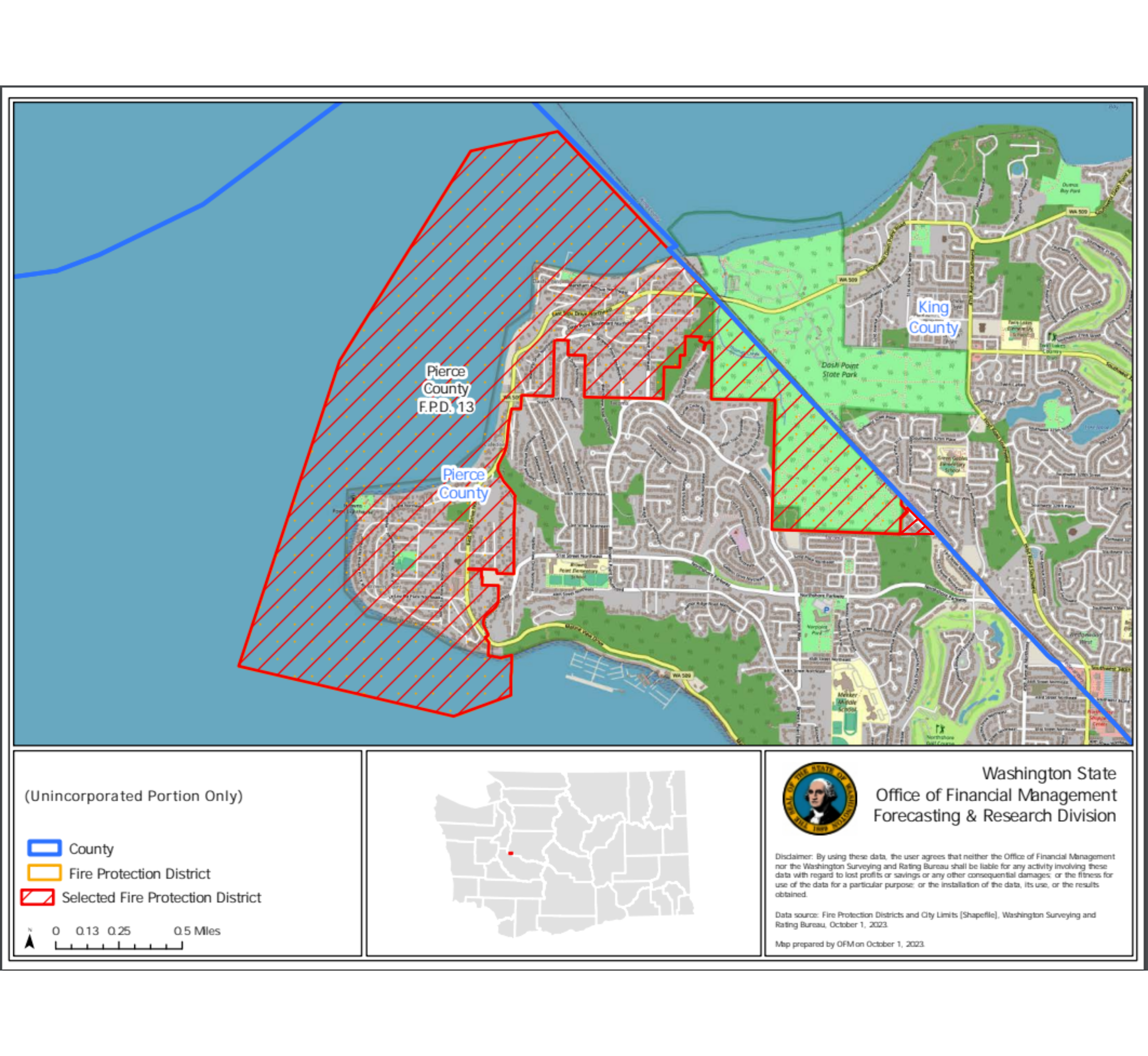 The image is a map showing fire protection districts in Pierce County, Washington, with boundaries outlined in red.