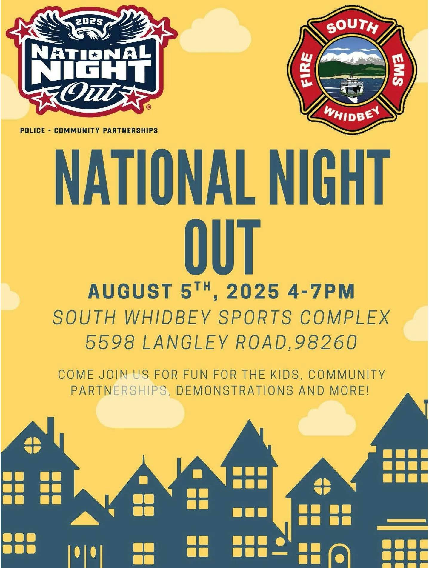 Flyer for National Night Out on August 5, 2025, at South Whidbey Sports Complex, featuring community fun and partnerships.