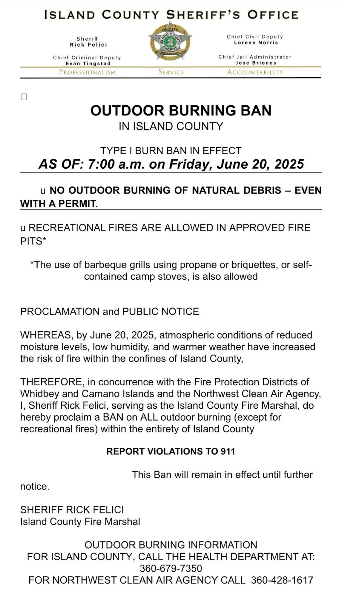 Island County outdoor burning ban from June 20, 2025. No burning natural debris. Recreational fires in approved pits allowed.