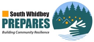 Logo for "South Whidbey Prepares" with trees, houses, and overlapping hands, emphasizing community resilience.