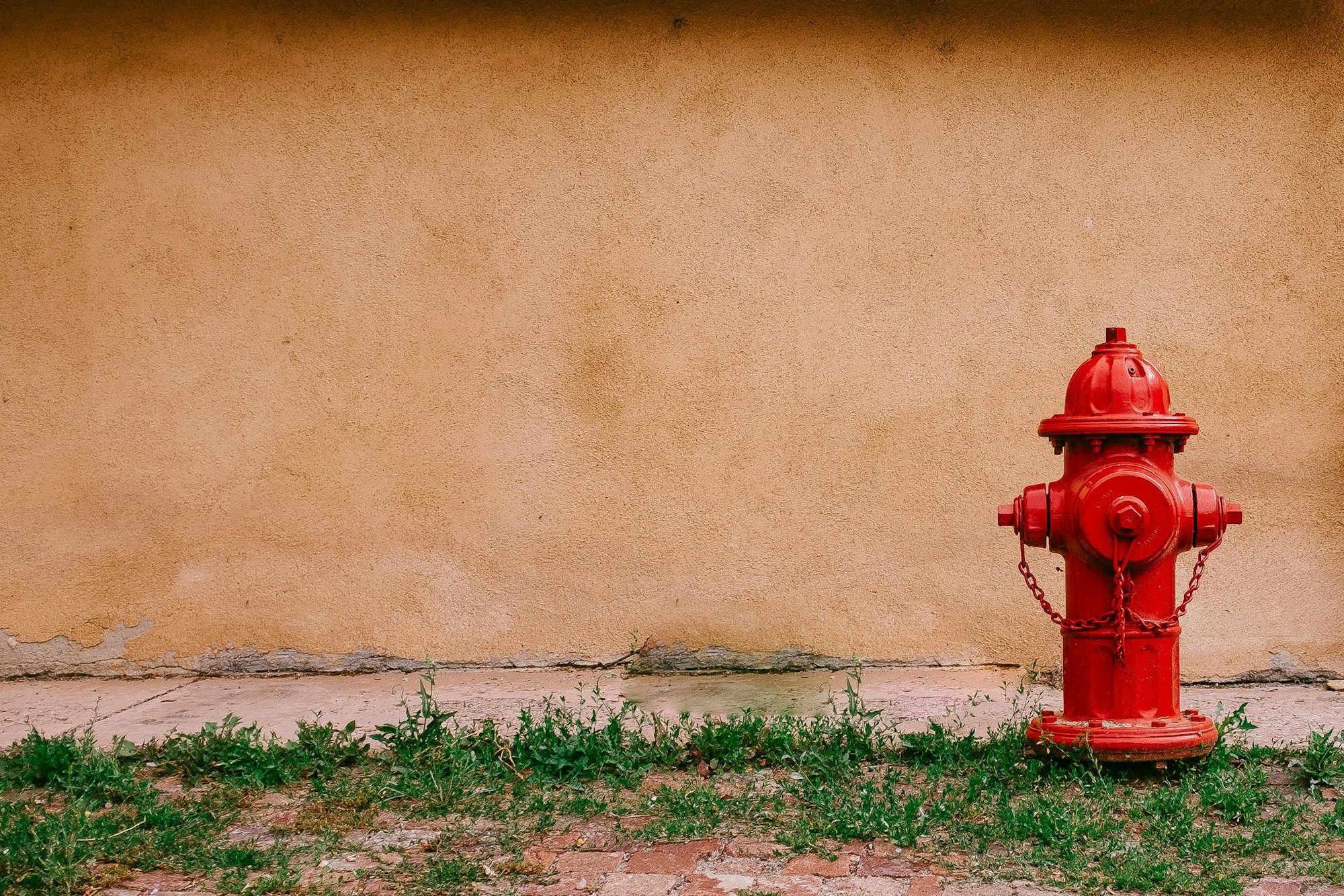 A red fire hydrant against a beige wall with some grass in the foreground.