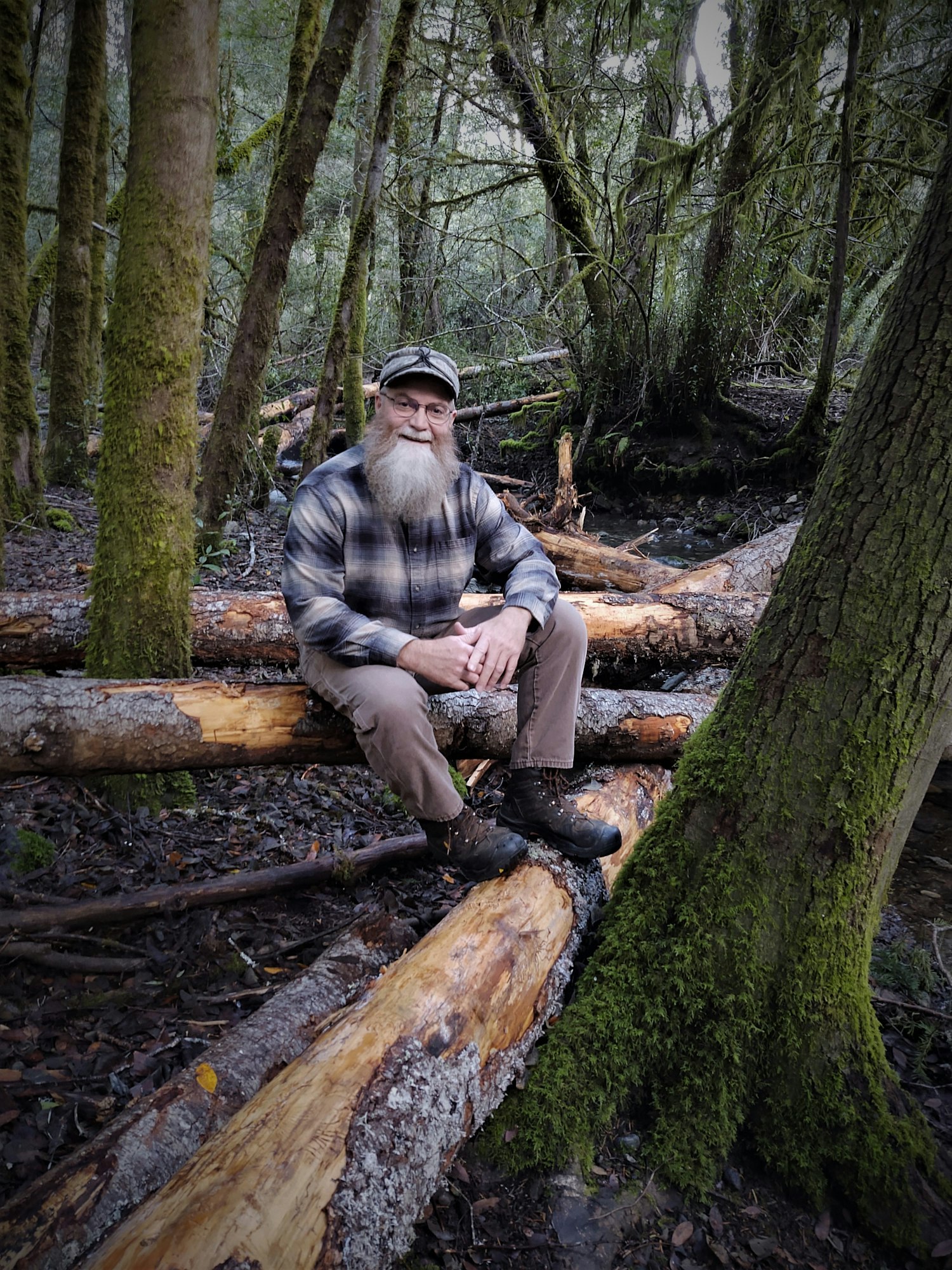 Kevin seated on a log structure in Page Creek