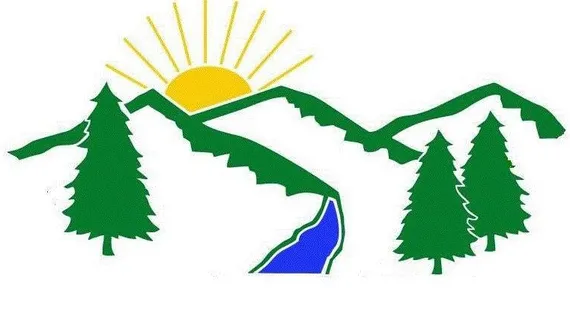 Stylized landscape with sun over mountains, trees, and a river.