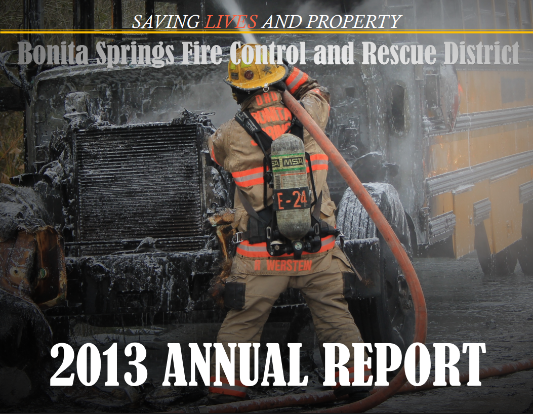 The image is the cover of the 2013 Annual Report for Bonita Springs Fire Control and Rescue District, featuring a firefighter extinguishing a fire.