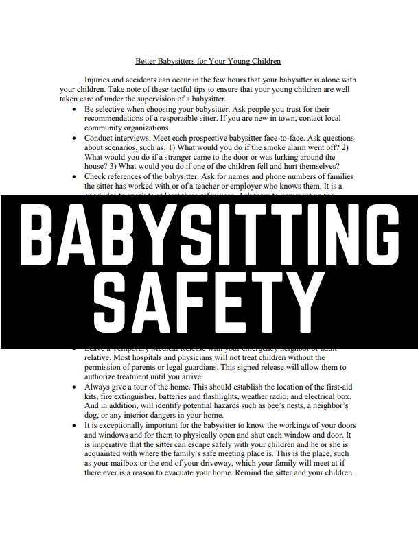 The image discusses tips for ensuring babysitting safety for young children, emphasizing interviews, references, and emergency preparedness.