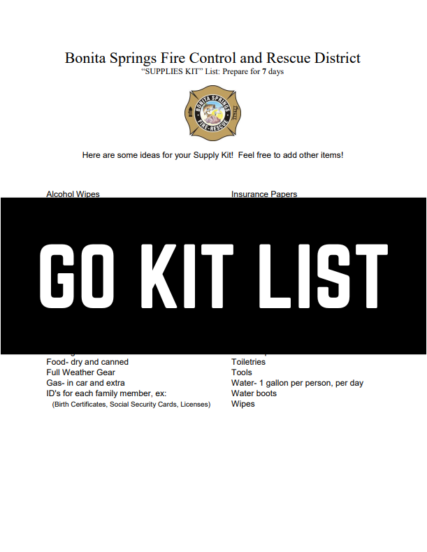 It's a supplies kit list from Bonita Springs Fire Control and Rescue District for emergency preparations, covering essentials for 7 days.