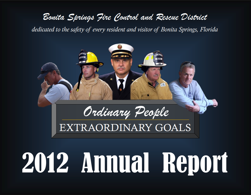 The image is the cover of the Bonita Springs Fire Control and Rescue District's 2012 Annual Report, highlighting dedication to safety.
