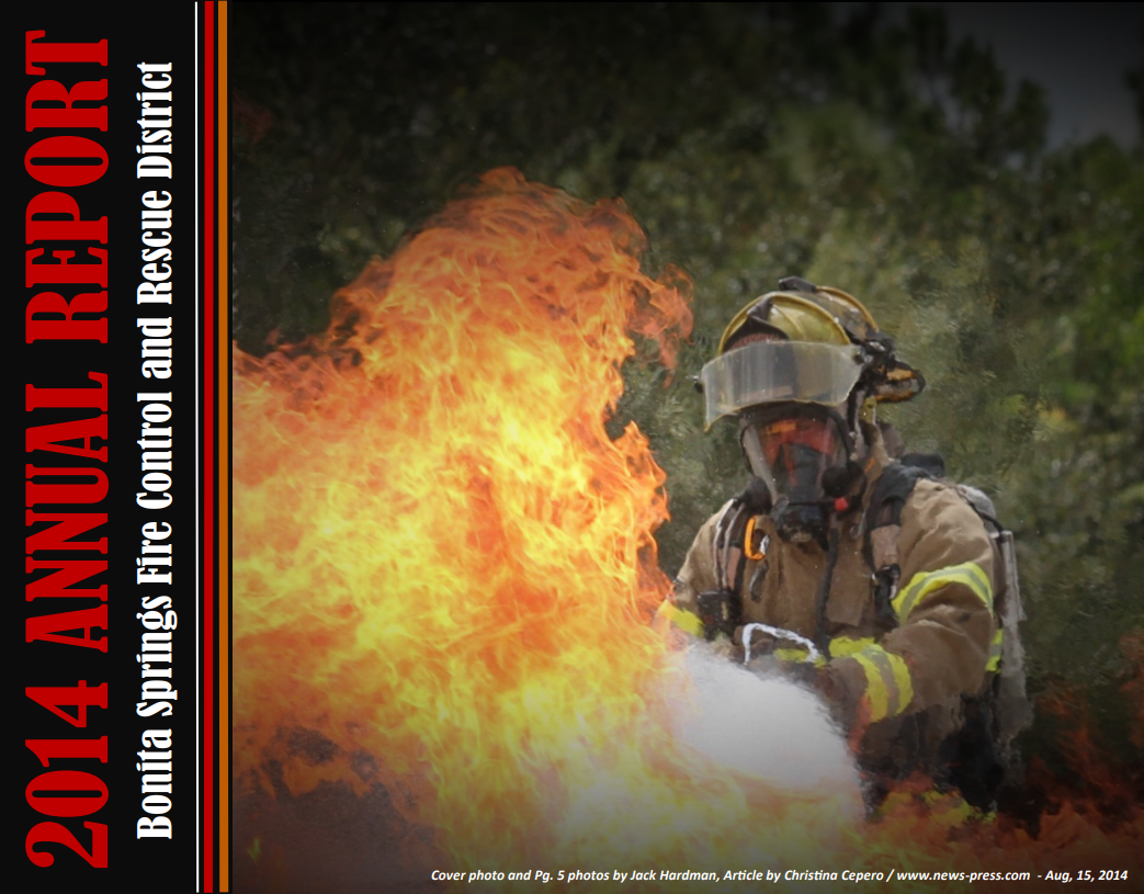 The image is the cover of the 2014 Annual Report for Bonita Springs Fire Control and Rescue District, featuring a firefighter battling flames.
