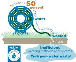 An infographic showing 50% of outdoor water is wasted due to inefficient watering methods, advising to curb water waste.