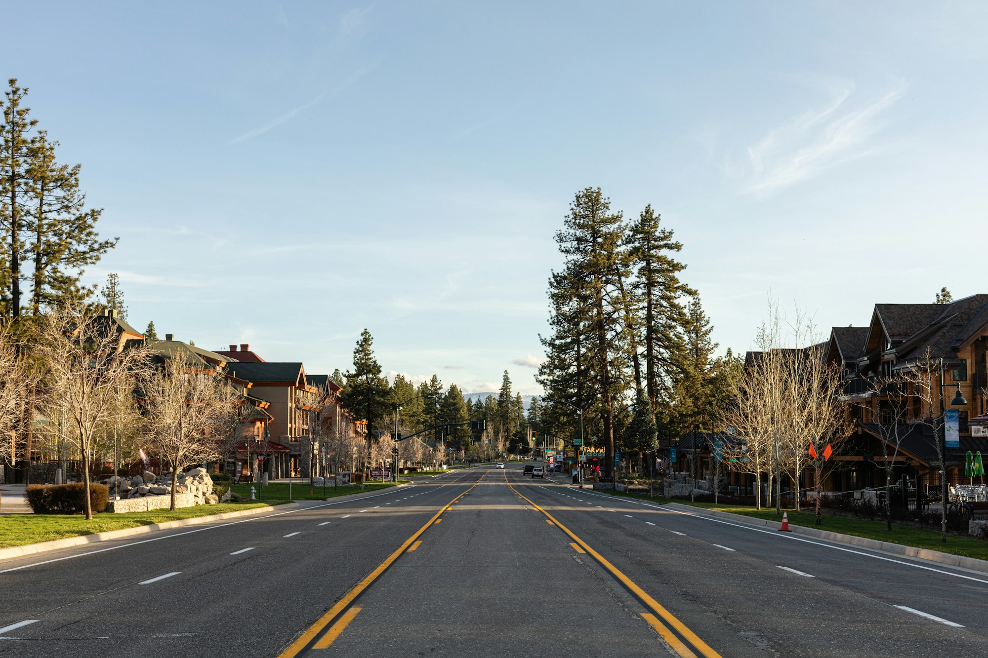 Highway 50 at Stateline with buildings on the sides, under a clear sky.