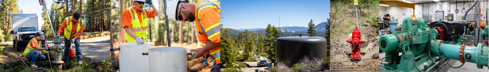 Workers in high-visibility gear performing tasks, a forest landscape, a storage tank, a fire hydrant, and industrial machinery.