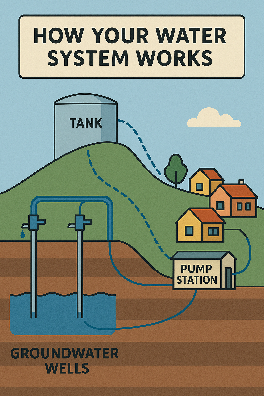 Diagram of a water system: groundwater wells, pump station, and tank, showing water flow to houses.
