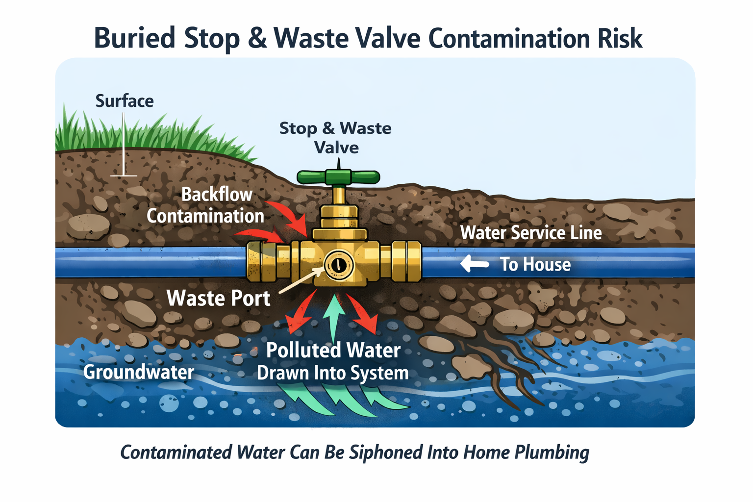 The image illustrates the contamination risk from a buried stop and waste valve, highlighting backflow and polluted water issues.