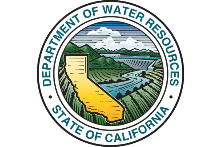The image features the California Department of Water Resources seal, showcasing mountains, rivers, and the outline of California.