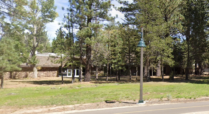 A building is partially visible behind trees in a grassy area with a streetlamp in front.