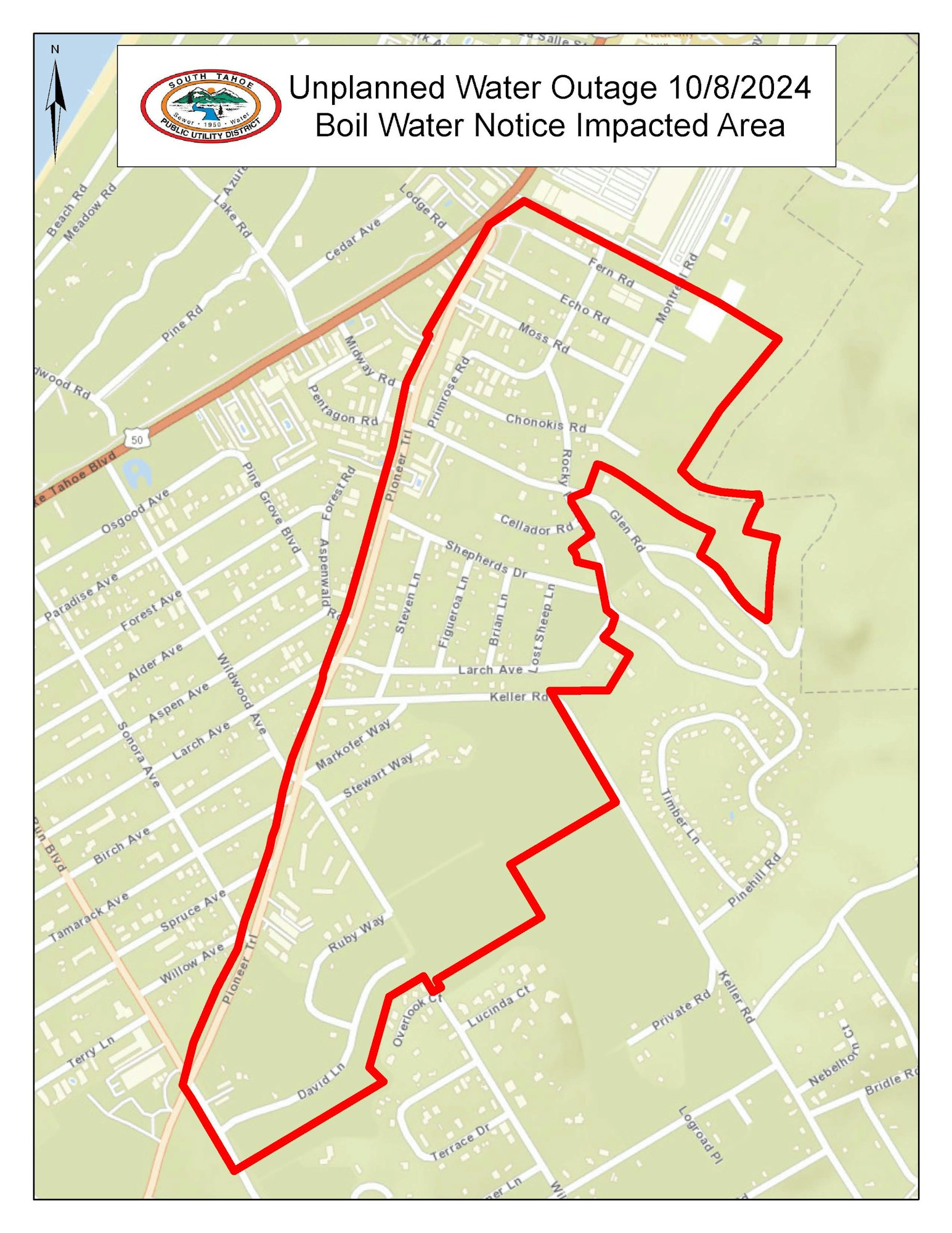 A map showing an area affected by an unplanned water outage, with a boil water notice in effect.