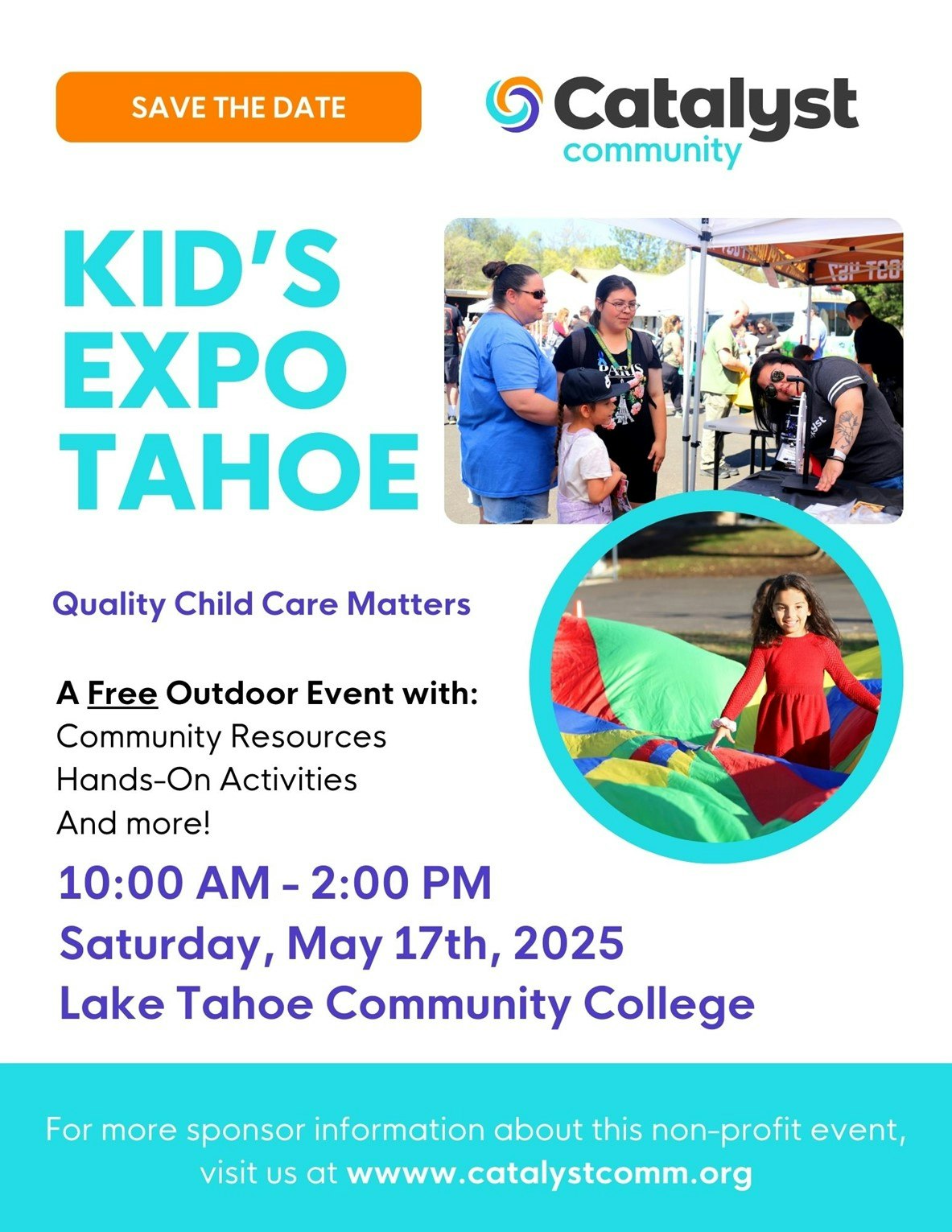 Kid's Expo Tahoe event flyer for May 17, 2025, at Lake Tahoe Community College, featuring activities and resources.