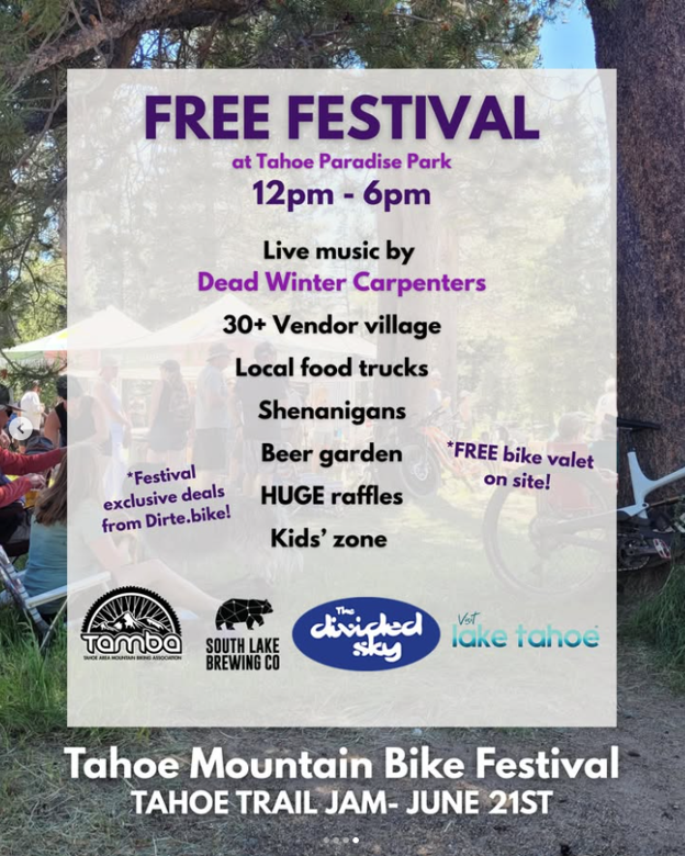 Free festival at Tahoe Paradise Park from 12-6 PM featuring live music, vendors, food trucks, beer garden, raffles, and more!