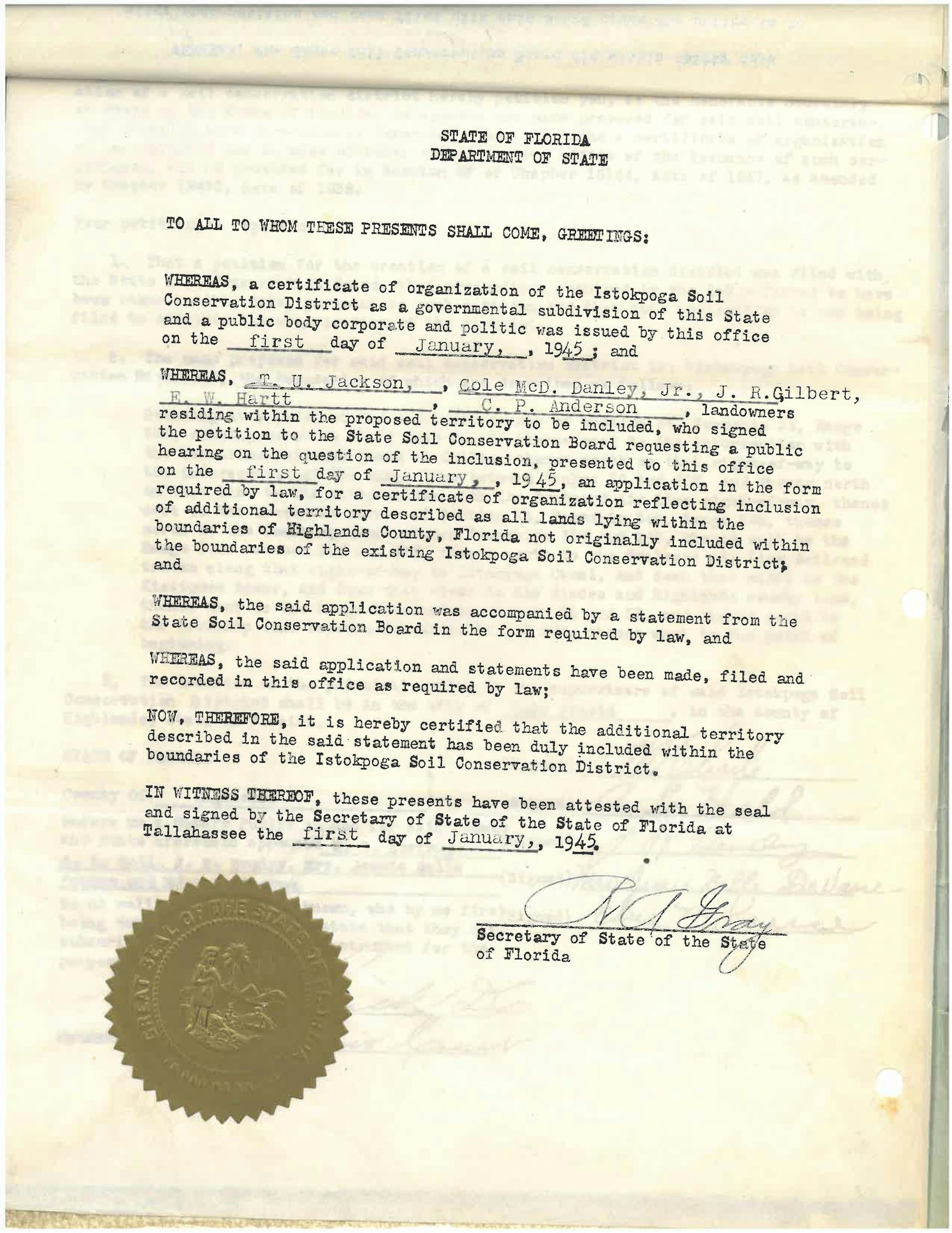 Historic document from the Florida Department of State regarding soil conservation district, dated January 1945.