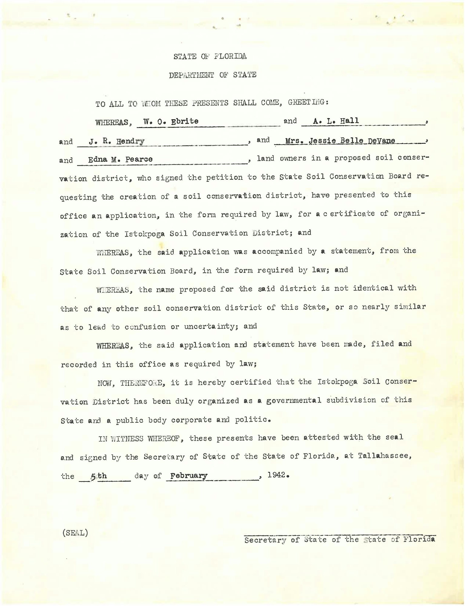 Document from the State of Florida Department of State regarding the organization of the Istokpoga Soil Conservation District, dated February 5, 1942.