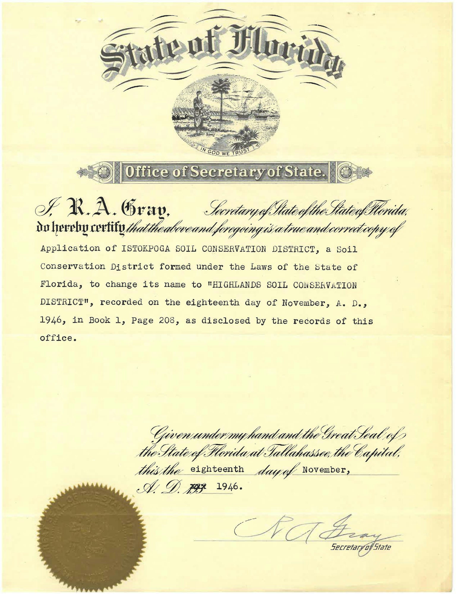 An official document from the "State of Florida" with a seal, dated November 18th, 1946, signed by the Secretary of State.