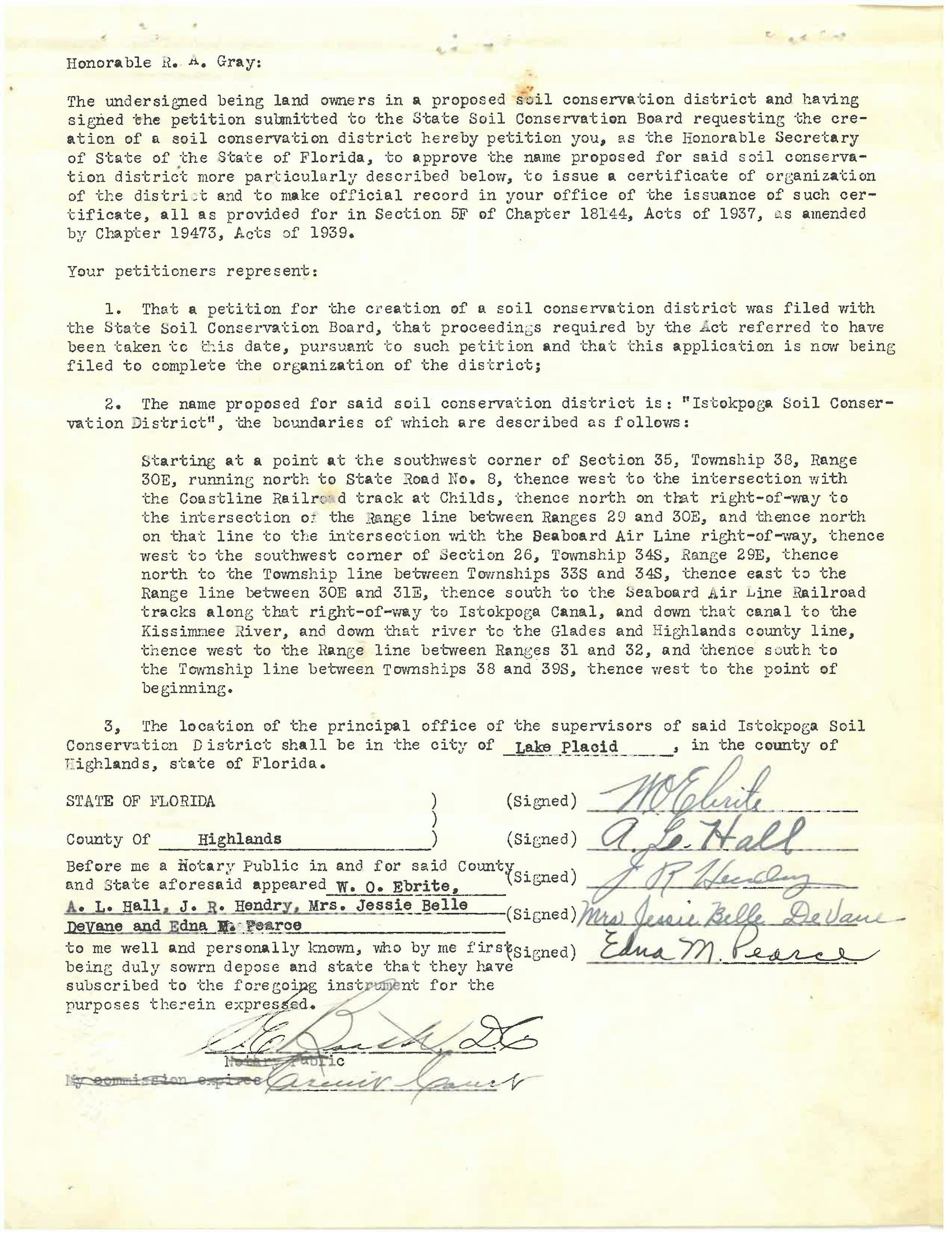 It's a typewritten document regarding the creation of a soil conservation district, named Istokpoga Soil Conservation District, in Florida.